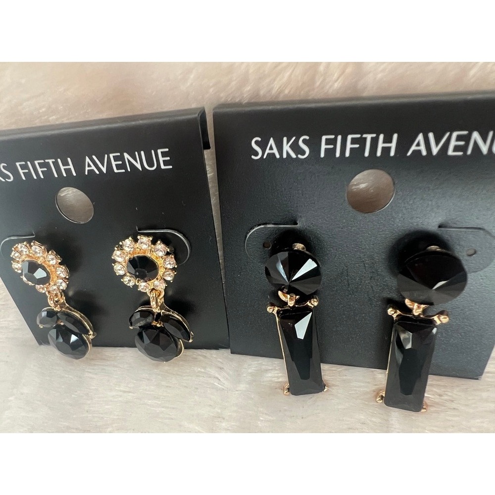Saks Fifth Avenue Earrings 2 Pair Black Gold Crystal Rhinestone NWT Glam Evening - Picture 10 of 13